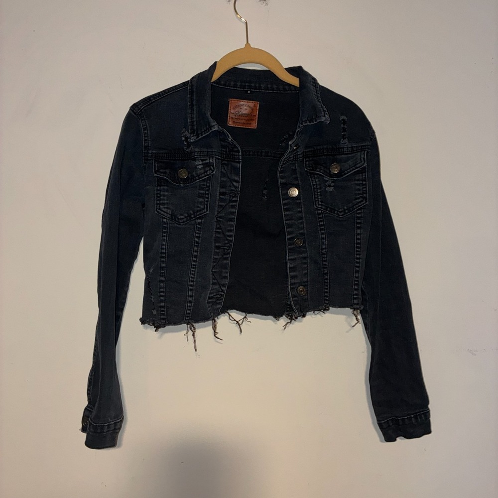 Womens Distressed Black Denim Jacket Cropped Raw Hem Size S Special One
